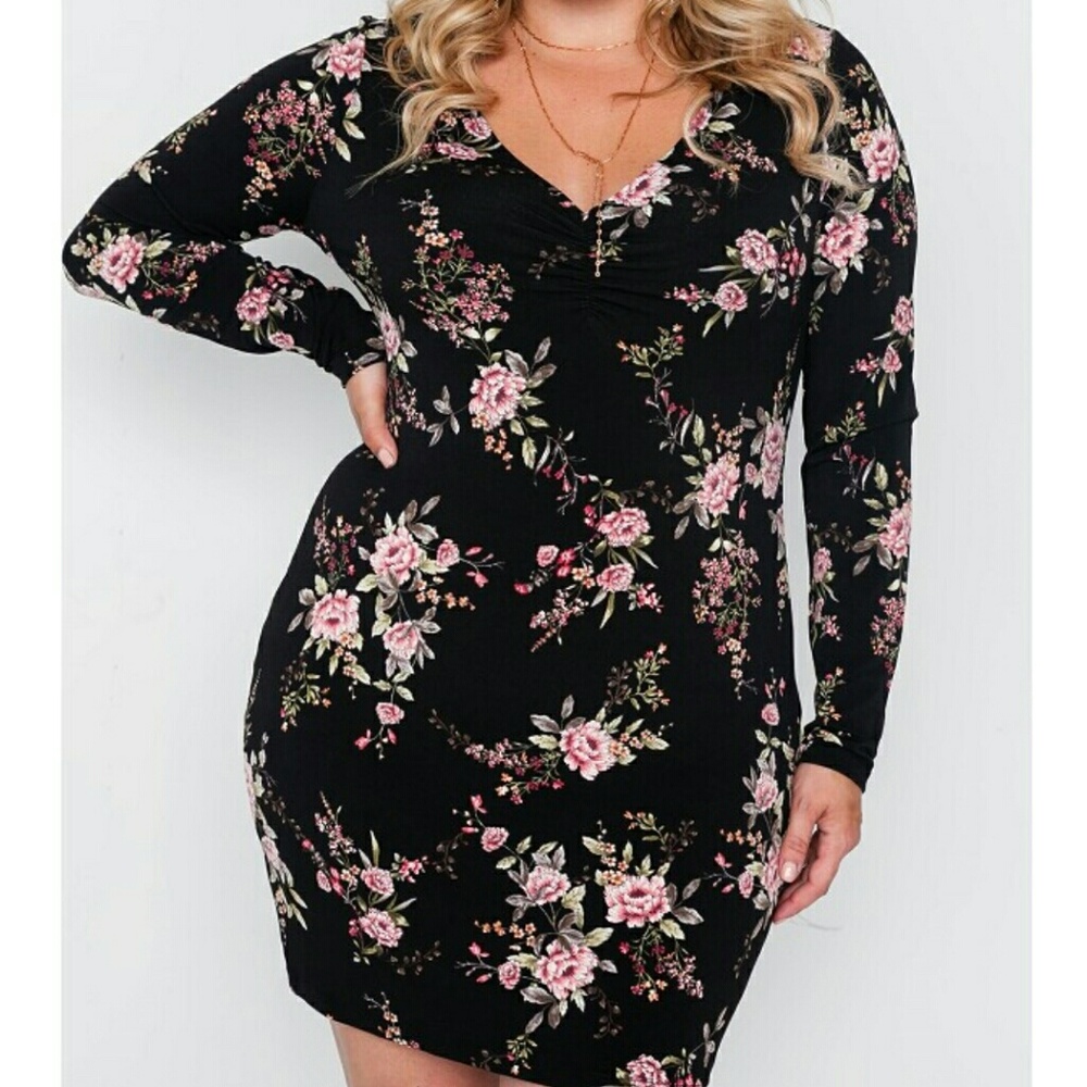 PLUS Black Floral V Neck Bodycon Mini Dress